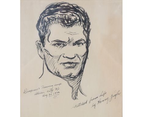 Henry Ziegler (NY, 1889 - 1968) "Jack Dempsey" portrait sketch of famous boxer. Signed lower right. Inscribed and dated lower