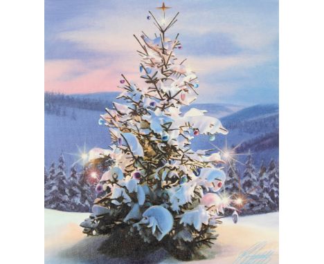 Ed Little (American, B. 1957) "Christmas Tree in the Mountains" Signed lower right. Original Acrylic painting on Illustration