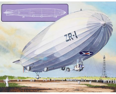 Charles A Knotek (American, 1933 - 2008) "First U.S. Airship First Flight" Signed lower right. Original Mixed Media Painting 