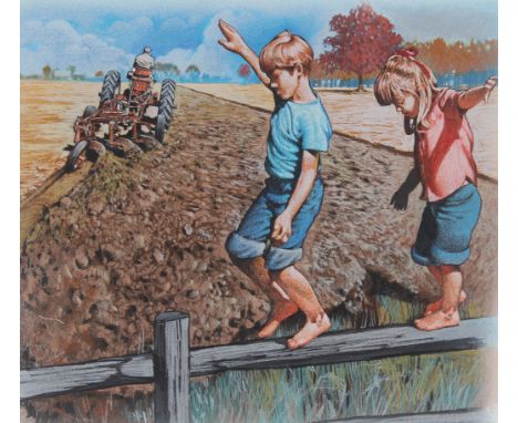 Jim Butcher (American, B. 1944) "Farm Children on Fence" Signed lower right. Original Mixed Media painting on Illustration Bo