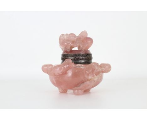 Maison Maquet Chinese Carved Rose Quartz Inkwell with Silver accents. With foo lion, qilong dragons surrounding exter of vess