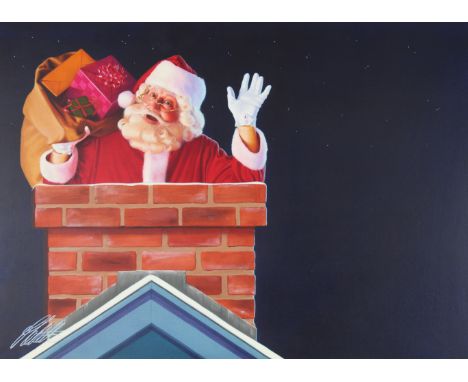 Ed Little (American, B. 1957) "Santa Claus Going Down the Chimney" Signed lower left. Original Oil painting on CanvasBoard. P