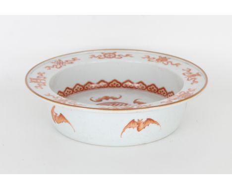 Large 19th C. Iron-Red Chinese Porcelain Basin. Painted with delicate Eight Buddhist Emblems, rui-head border, five bats cent