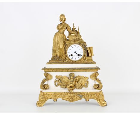 Antique Gilt Bronze/Marble French Mantel Clock. With a cherub playing a mandolin in the lower portion of the clock. Height: 1