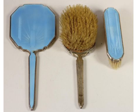 A silver and pale blue enamel three piece dressing table set, Birmingham 1939 