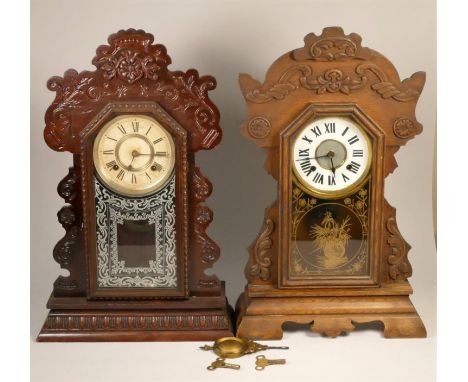 Two oak cased American, manual wind mantel clocks (2) 