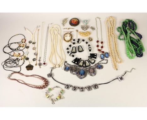 A silver and amethyst necklace and ear rings, a silver cat brooch , a Victorian cameo brooch, various imitation pearl pieces 