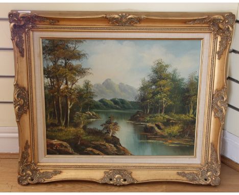 A gilt framed oil on canvas, depicting a lakeside scene, 68cm x 58cm together with a framed seascape oil painting, and a Davi