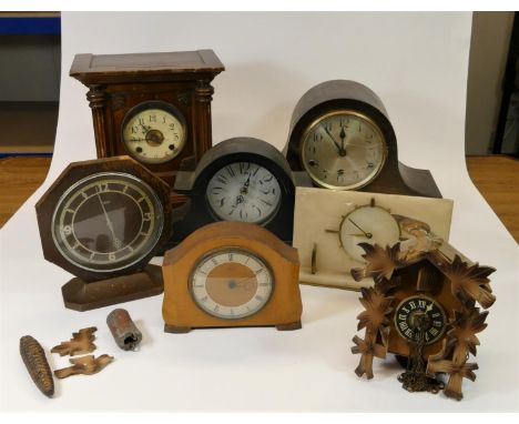 A collection of clocks to include, a wooden manual wind longcase wall clock,  together with other mantel clocks (2) 