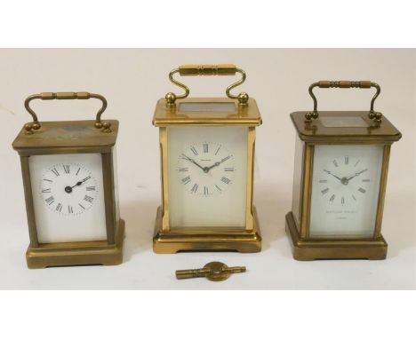 A Matthew Norman, London, brass carriage clock with white enamel face, 16 cm, together with a Dominion manual wind carriage c