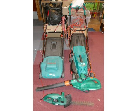 A Bosch electric Rotak lawn mower, model 370 ER, together with a Bosch electric lawn mower, model ASM 32, a Qualcast hedge cu