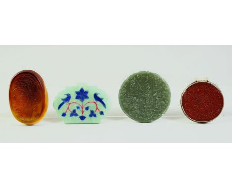 THREE ISLAMIC ENGRAVED CALLIGRAPHIC SEALS, of various stones including agate and jade, together with a jade-like amulet (4).