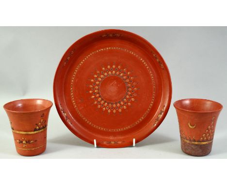 TWO TURKISH TOPHANE CUPS AND TRAY, cups 9.5cm, tray 24.5cm diameter, (3).