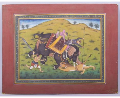 AN INDIAN MUGHAL MINIATURE PAINTING ON PAPER, depicting a hunting scene with an elephant, unframed, 28cm x 36cm.