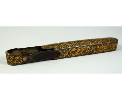 A VERY FINE 19TH CENTURY PERSIAN QAJAR GOLD INLAID STEEL QALAMDAN PEN BOX, the exterior gold inlay of scrolling foliate desig