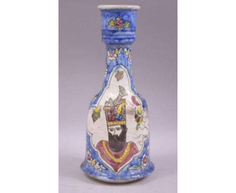 A 19TH CENTURY PERSIAN QAJAR POTTERY HUQQA BASE, painted with two portrait panels, 29cm high.