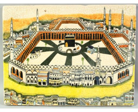 AN ISLAMIC OTTOMAN GLAZED POTTERY TILE depicting Mecca, 27.5cm x 29cm.