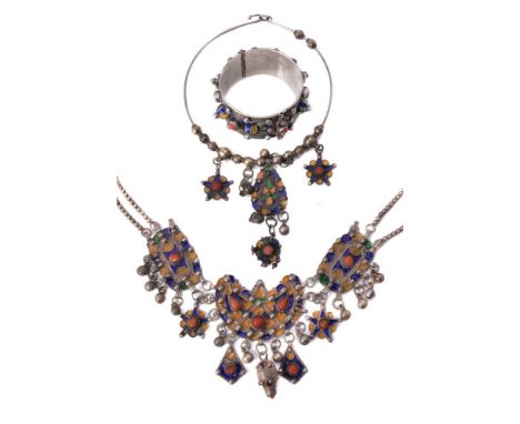 ϒA Moroccan fringe necklace, in the style of the Kabyle, composed of three cloisonné enamel plaques each applied with a caboc