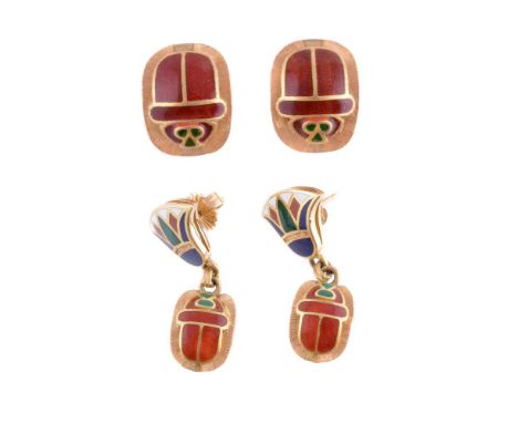 A pair of enamel scarab earrings, the red enamel scarab suspended below a polychrome lotus flower panel, with post fittings, 