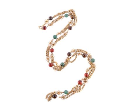 An aventurine and agate necklace by Natalia Josca, the fancy link chain set with carnelian, tiger's eye and aventure quartz b