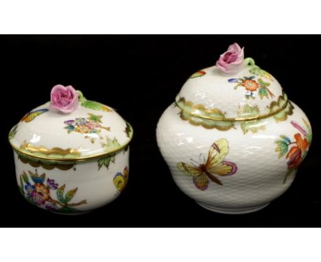 Two Herend lidded ceramic bowls each with hand painted butterfly and blossom decoration, applied blossom finial to lids, (1 w