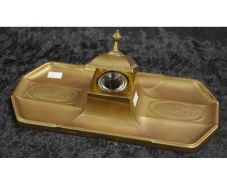 Early WMF brass inkwell &amp; pen stand including brass lidded inkwell, with glass liner, integrated to brass pen stand, with