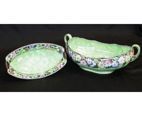 Two Green Maling "thumb print" bowls width 31cm approx