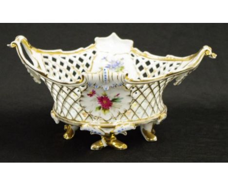German ceramic decorative hand painted basket with dual handles, internal and external hand painted decoration, pierced ceram
