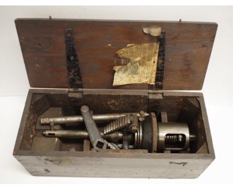 W. Crockatt &amp; Sons valve reseating machine with wood storage case, 42cm wide, 17cm deep, 16cm high approx, a nautical eng