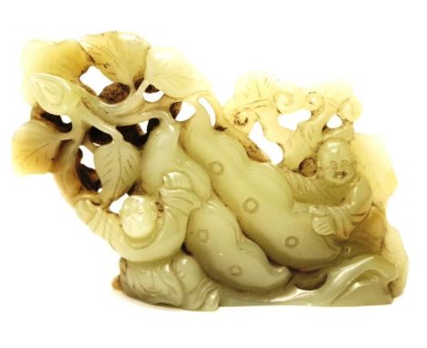 Chinese carved grey jade figure depicting 2 figures under a tree, (height 8cm approx).