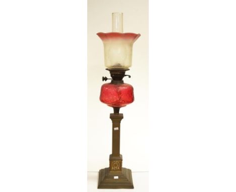 Antique ruby glass &amp; brass banquet lamp etched ruby glass shade, to ruby glass font, with dual fuel lamp fixture, on tall
