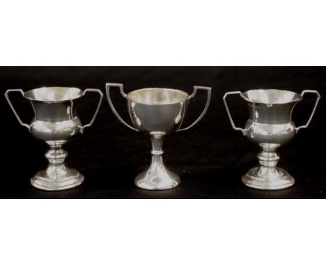 Three early miniature silver trophy cups including1 X Birmingham 1924, and pair Birmingham 1938, (height 6cm approx, each; we