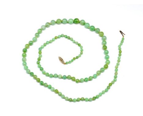 Graduated green jade necklace with a rose gold fish hook clasp set with old cut diamonds. Approx  3.6mm- 8.5mm round bead siz