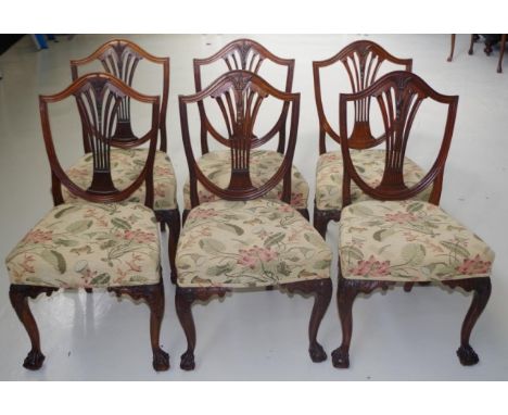 Good Set five Victorian dining chairs Sheraton style decorative backs, matching tapestry type upholstery, and ball and claw f