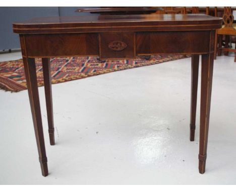 George III mahogany D shaped twin top table with inlay, stringing and double rear gate supported by square tapered legs, 91.5