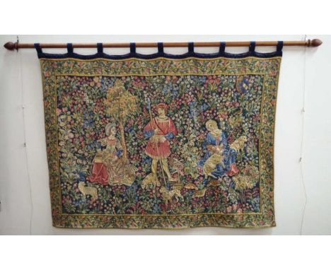 French wall tapestry with hanging rail, 177cm wide, 132cm high, rail length 230cm approx