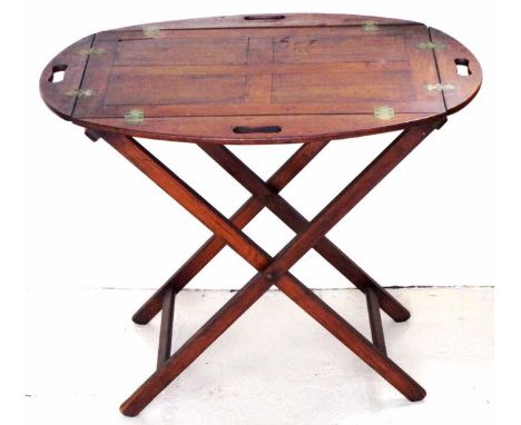 Vintage wood Butler's tray tray with brass hinged sides, on cross frame base, (small loss to 1 corner), (tray 74cm X 50cm  ap