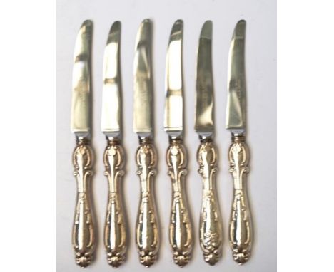 Set six sterling silver handle fruit knives marked for Grand, Sheffield, set with stainless steel blades.