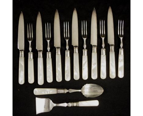 George V pearl handle fruit set including 6 knives and forks, each with pearl handle, and sterling silver collars, hallmarked