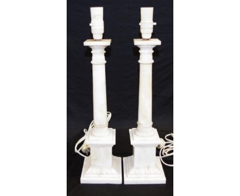 Pair column form alabaster table lamps column form to square bases, fitted for electricity, (height 45cm approx, base only, e