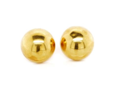 Yellow gold domed stud earrings marked 18k to butterfly backs. Approx dia 16mm, weight 5.5 grams. Light surface bruising. tes