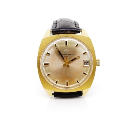 Vintage Eterna-matic "1000" watch with a brushed finished gold plated case, applied batons, date window, mechanical wind move