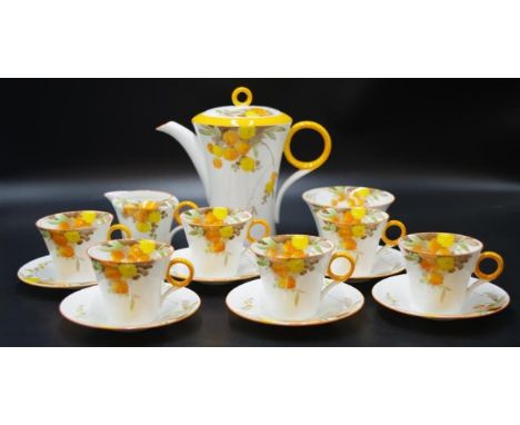 Art Deco Shelley Acacia Regent coffee set pattern W12255, comprising of a coffee pot, milk jug, sugar bowl and 6 cups with sa
