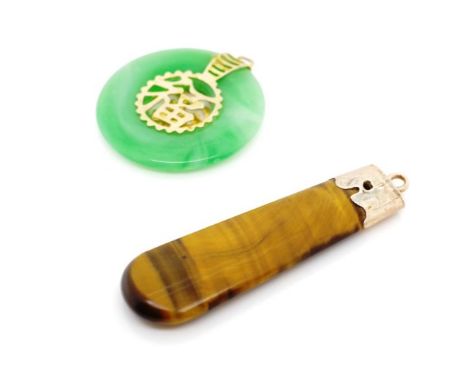Antique tigers eye fob charm and a jade Bi disc marked London 375 1967. Approx width 13mm, weight 2.5 grams