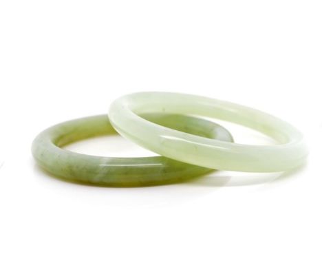 Two vintage jade bangles approx gauge 9mm each, inside width 62mm each