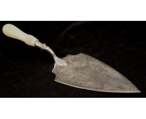 Early silver plate commemorative trowel with engraving: 'Presented to R.H.D. White, Esq, MLA, on the Occasion of Laying the F