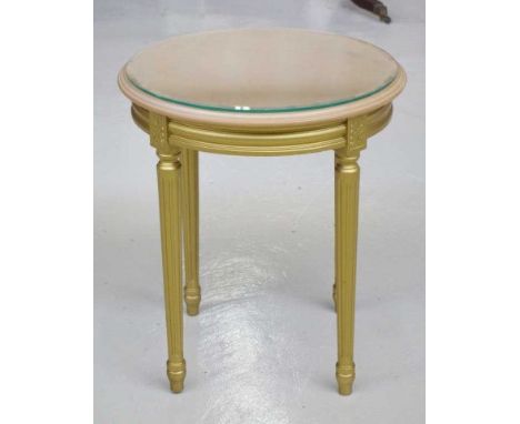 Louis XVI style gilt wood lamp table with glass top, 50cm diameter, 56.5cm high