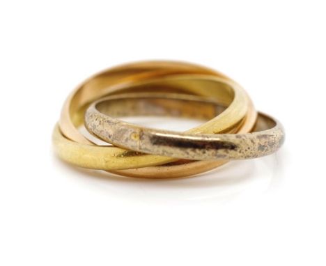 Silver and gold Russian wedding ring in light yellow, rose and white gold. Marked 750. Approx weight 4.8 grams, ring size H-I