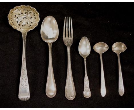 Six antique sterling silver cutlery pieces including George III ladle, London 1810; Victorian pair dessert spoon and fork, Sh
