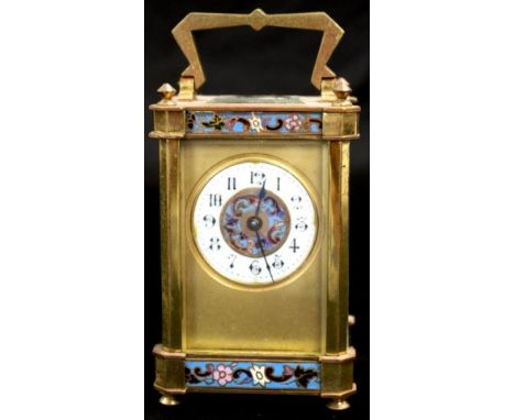 French brass cased &amp; enamel carriage clock enamel decoration to 4 sides and dial of brass case, key unavailable, untested